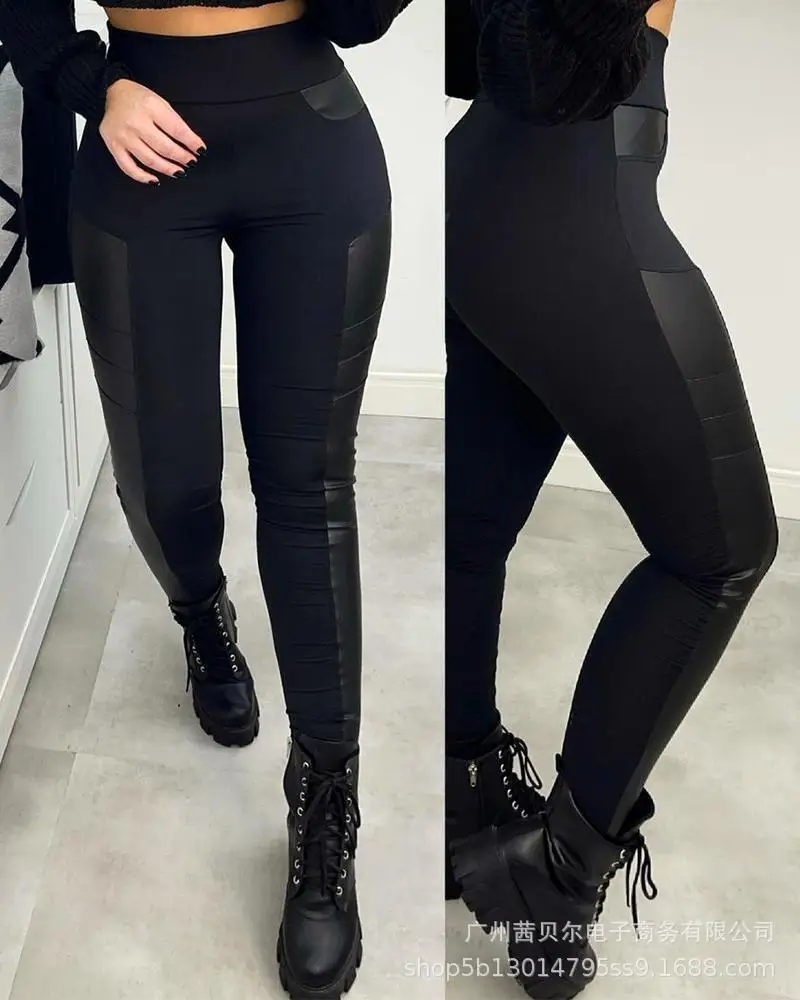 

Women's Pencil Skinny Pants Trousers Clothing Black Pu Stitching High Waist Tights Elastic Fashion Casual