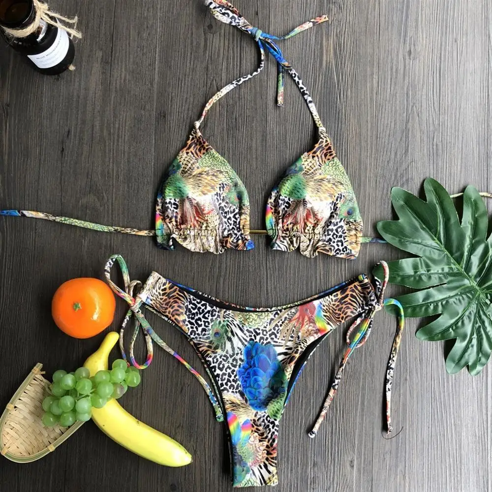 

Brazilian Bikini Thong 2020 Leaves print bathing suit Tassel Swimwear women Sexy swimsuit female Push up Bathers Maillot De Bain