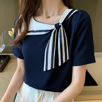 2022 summer top chiffon blouse women navy casual shirt womens short sleeve bow shirts korean fashion clothes ladies blusas mujer