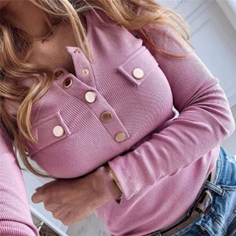 2022 Women Autumn Knitted Sweater O Neck Pullover Long Sleeve T shirt Loose Leisure Elegant Buttons feminina Tee Female Tops