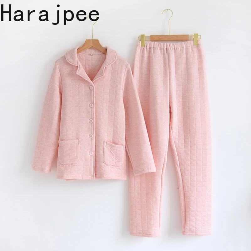 

Японская простая клетчатая Пижама Harajpee Женская осенне-зимняя хлопковая утепленная кардиган с длинными рукавами и отложным воротником дома...
