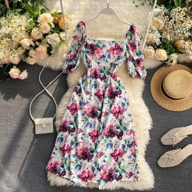

2021 Summer Korea Fashion Women Casual Print Square Collar Puff Sleeve Empire Dress H543