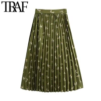 traf women chic fashion animal print pleated midi skirt vintage high waist side zipper female skirts mujer