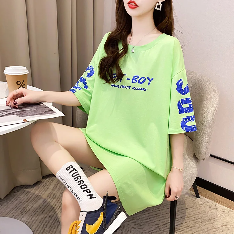 

Harajuku Prints Baggy Long T-Shirts Women Oversized Tops Tee Round Neck Short Sleeve Plus Size Letters Printed Vogue Streetwear