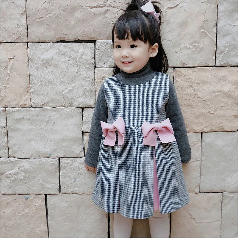 

Girls Autumn Bow Wool Plaid Vest Dress