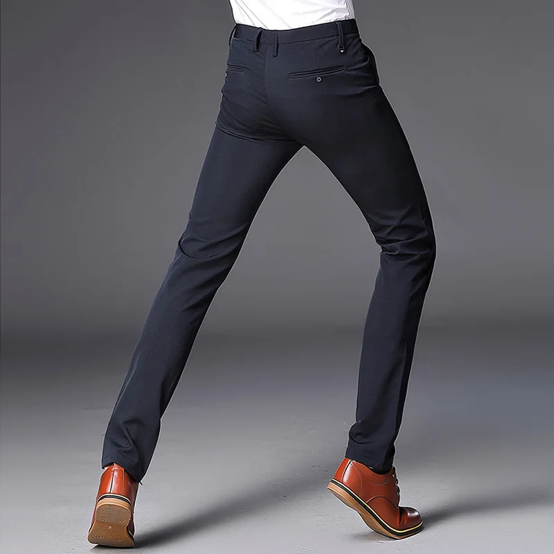 

Men Elastic Thin Slim Fit Suit Pants Man Dress Formal Pants Business Casual Wedding Trousers Linen Cotton Suits Skinny Pants
