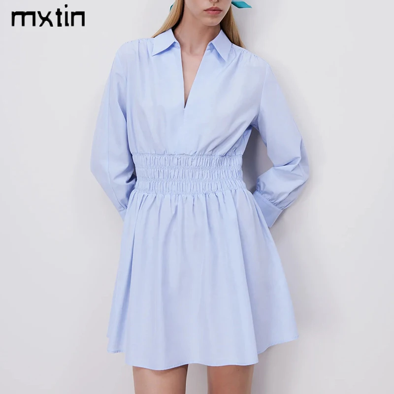 

2021 Summer Women Vintage Blue Mini Dress Vintage Elastic Waist Long Sleeve Office Ladies Female Dresses Vestidos Mujer
