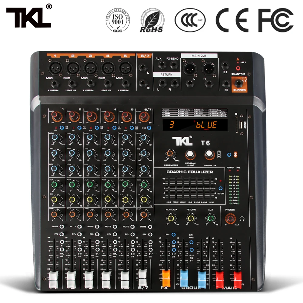 Профессиональный DJ микшер TKL 6 каналов bluetooth для караоке MP3 USB разъем 48 В фантомное