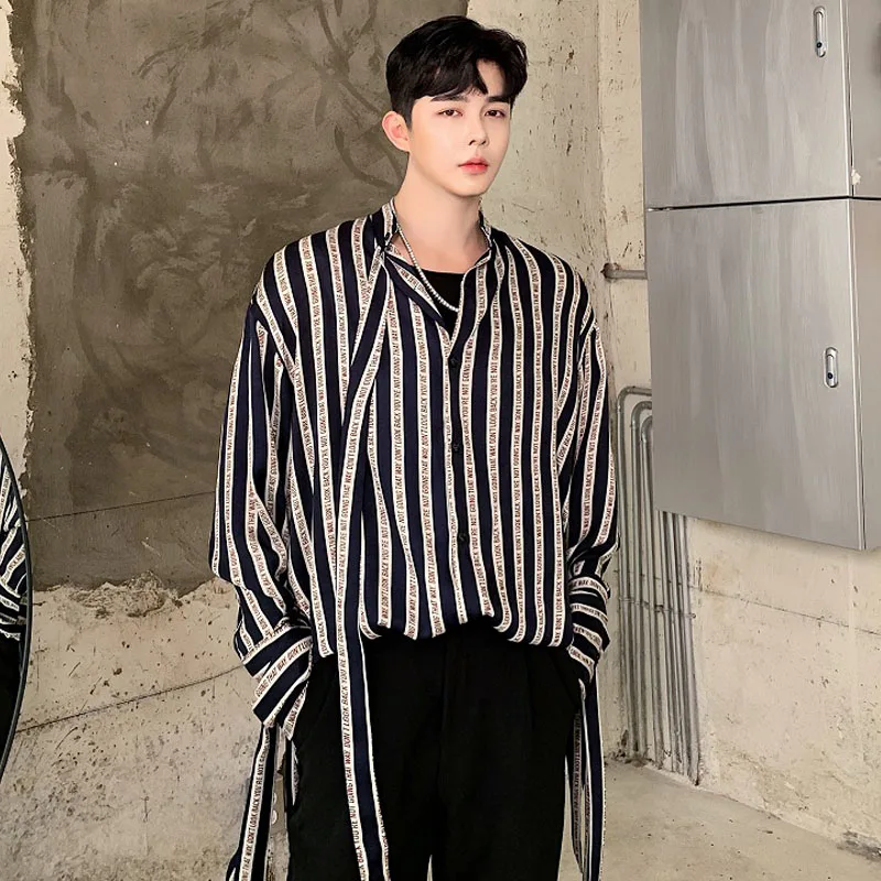 Мужские полосатые рубашки с длинным рукавом лентами Свободные повседневные