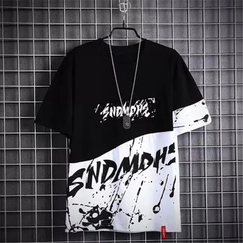 

Футболка мужская с коротким рукавом, свободная рубашка в Корейском стиле, с пэчворком, с пятиконечным рукавом, с коротким рукавом и круглым ...