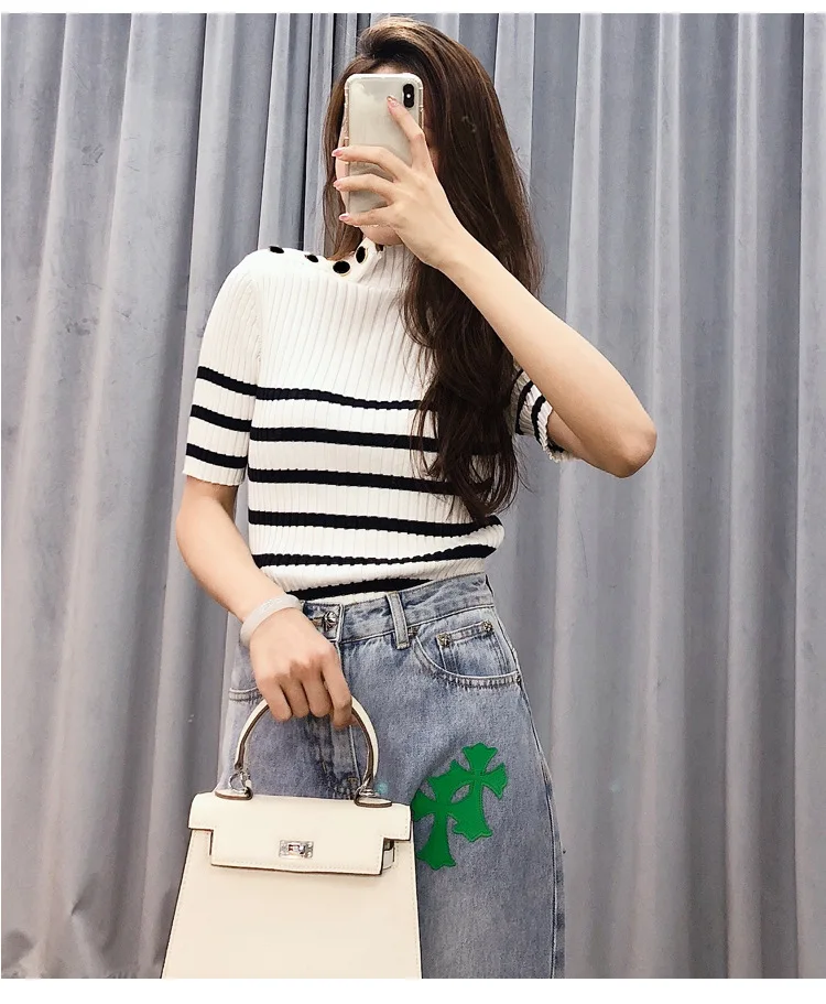

High Quality Spring Ladies Style Striped Shoulder Buckle Slim-fit Sweater Women Soft Breathable Stretch Full-sleeved Sweater