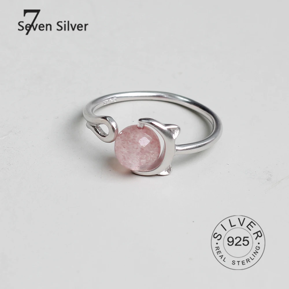

Real 925 sterling silver rings for women cat strawberry stone Trendy fine Jewelry Large Adjustable Antique Rings Anillos