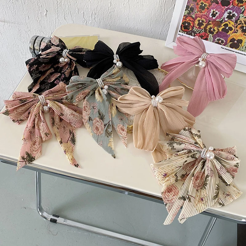 

Pearl Big Bow Hair Clip Folds Ribbons Top Clip Spring Clip Fashion Hair Accessories Chiffon Pleated Flower Hairpins