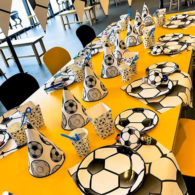 

Football Theme Party Black and White Set Birthday Supplies Decoration Cake Paper Plate Cup Picnic Disposable Tableware for Kids