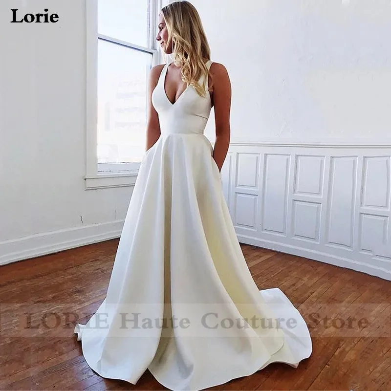 Lorie A-Line атласные свадебные платья больших размеров с v-образным вырезом Свадебные платья Boho Vestidos Свадебные платья с большим бантом