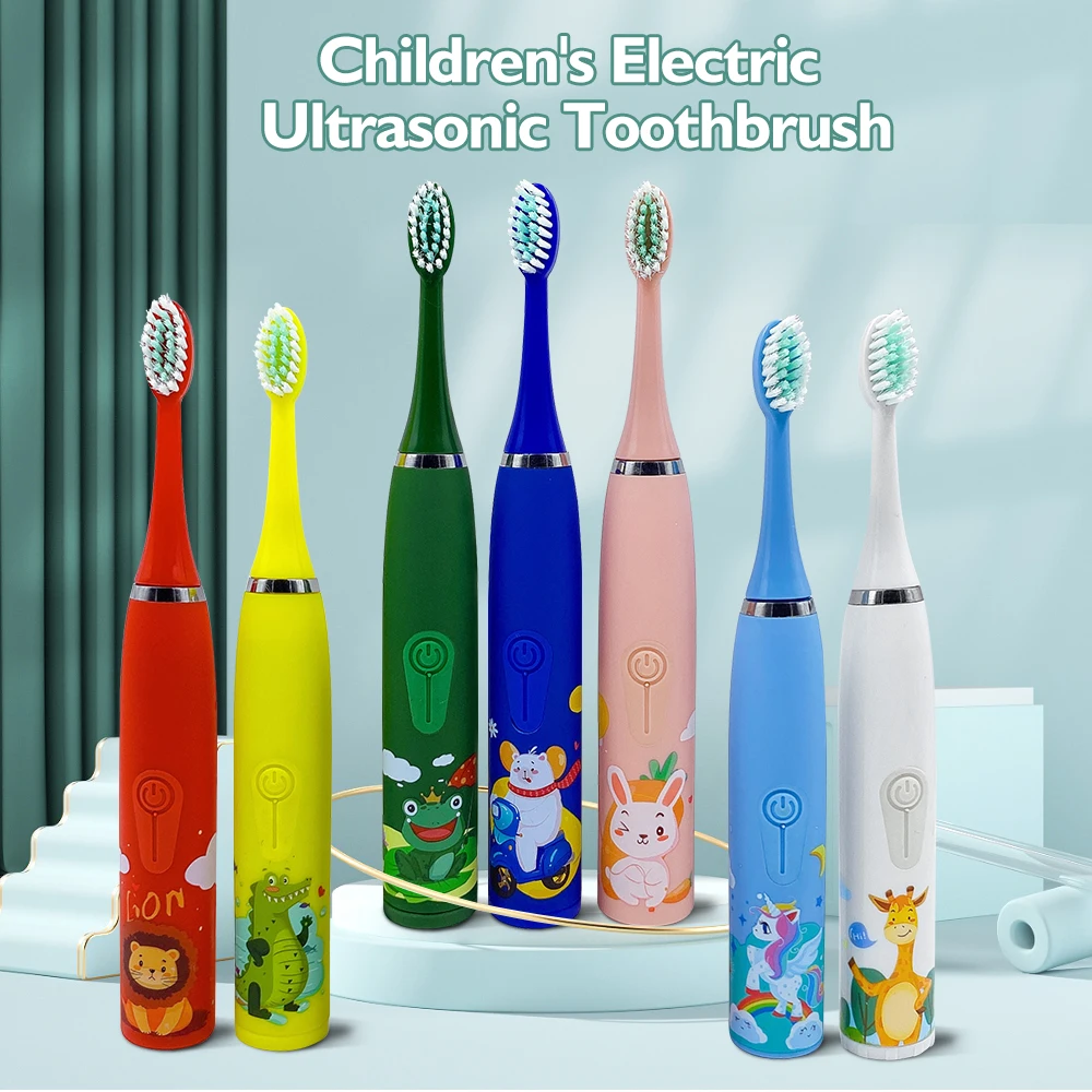 

Children Electric Toothbrush Cartoon Pattern Kids with 6pcs Soft Replacement Head IPX6 Waterproof Cleaning Teeth Cleaner for Kid