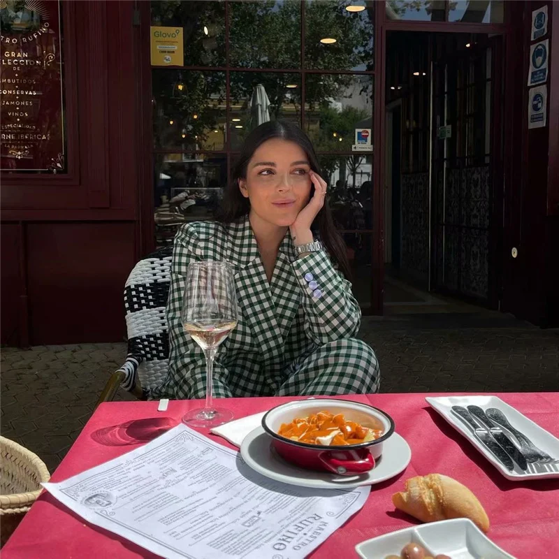 Женский блейзер в клетку весенний двубортный свободный зеленый Блейзер 2021 |