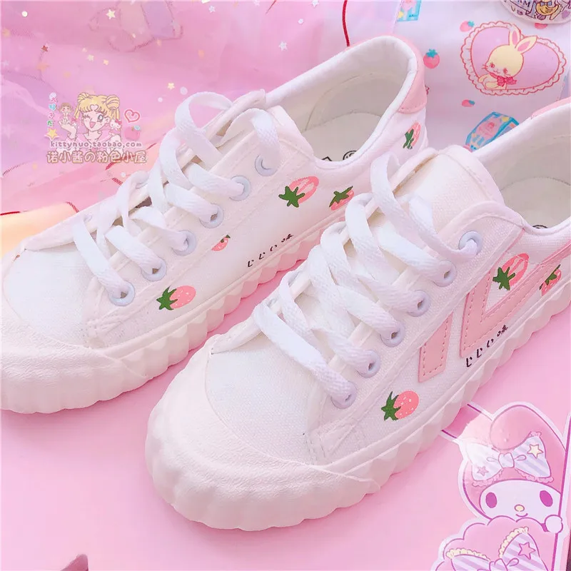 

Japanese sweet lolita shoes round head flat strawberry board shoes kawaii girl sneakers kawaii shoes loli cos