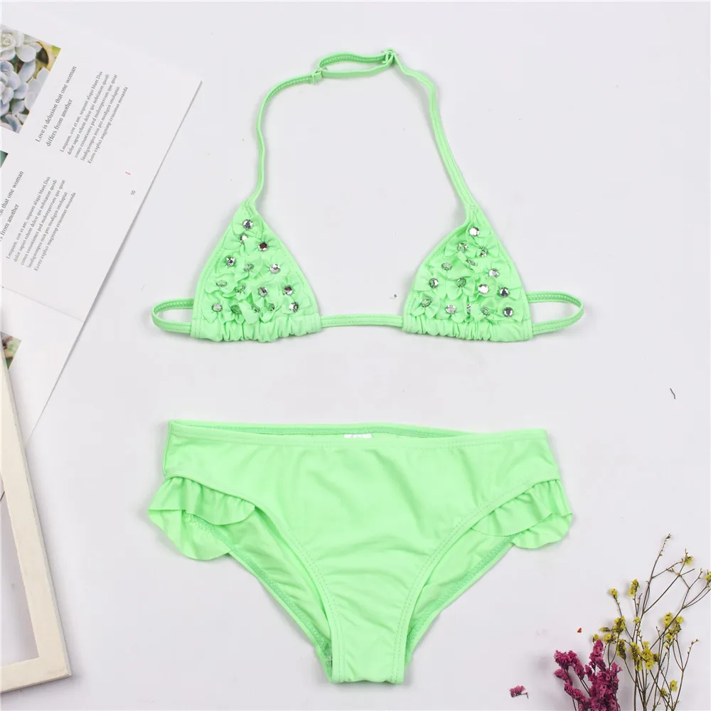 Однотонные Детские бикини с оборкой для девочек детский купальник украшением из