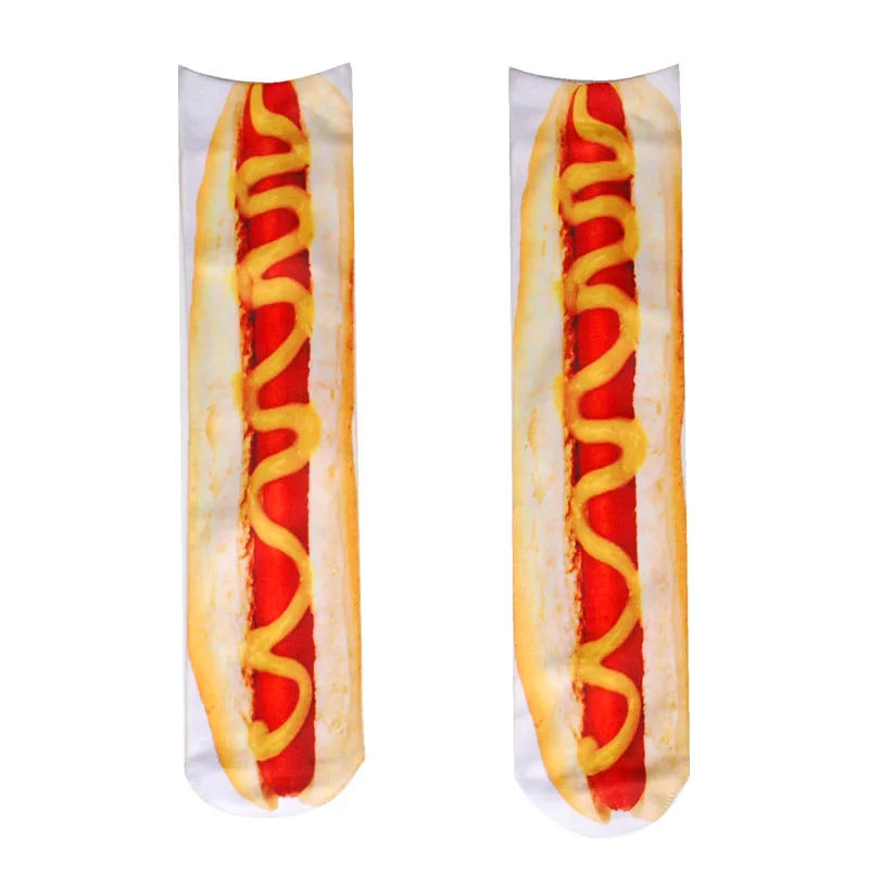Hot dog Милые носки с обеих сторон, с 3d принтом хот-догов, клубники, фламинго, гамбургеров, пиццы, модные забавные длинные женские хлопковые носки - Цвет: Hot dog