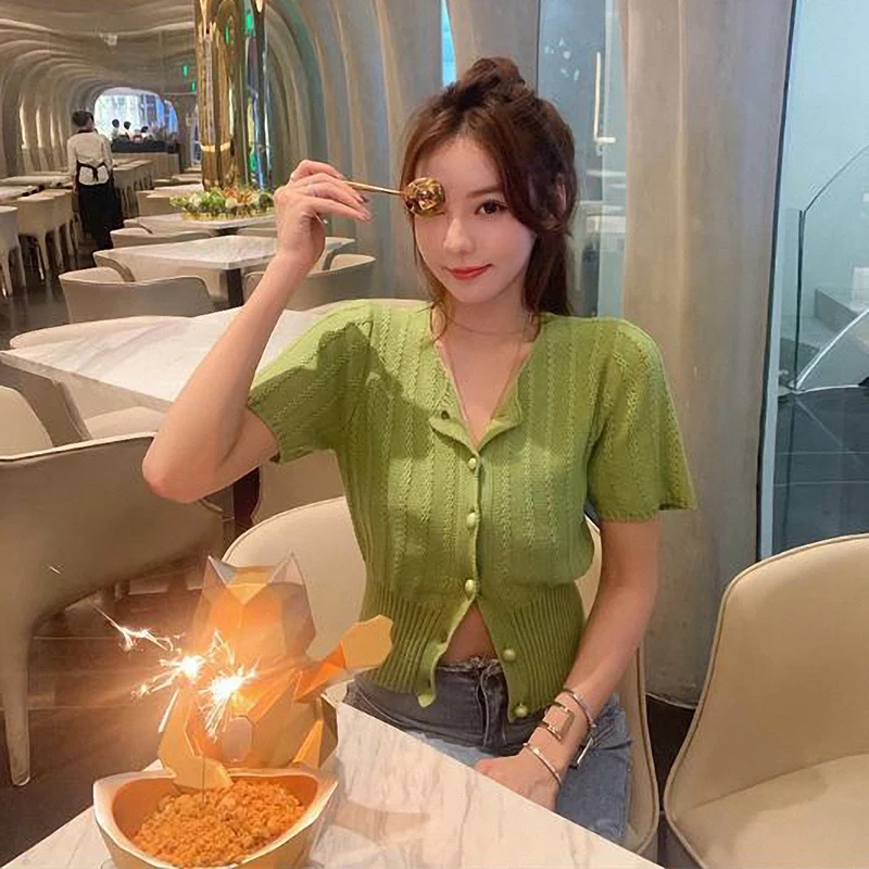 

New Women's Short Sleeve Summer Outfit Short Net Wild Knit Cardigan Green One Size