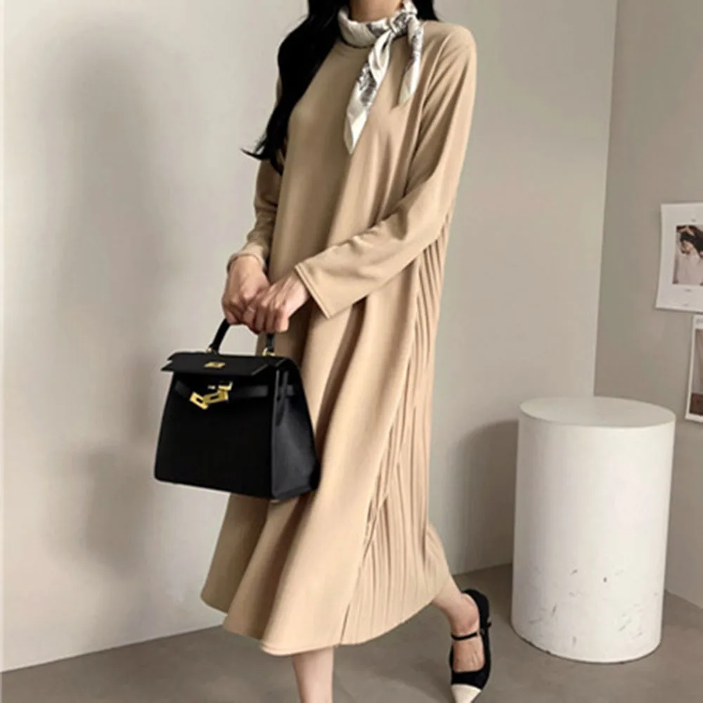 

Женское плиссированное платье с круглым вырезом, весна 2022, ретро юбка средней длины, повседневные офисные женские платья-трапеции с длинным...