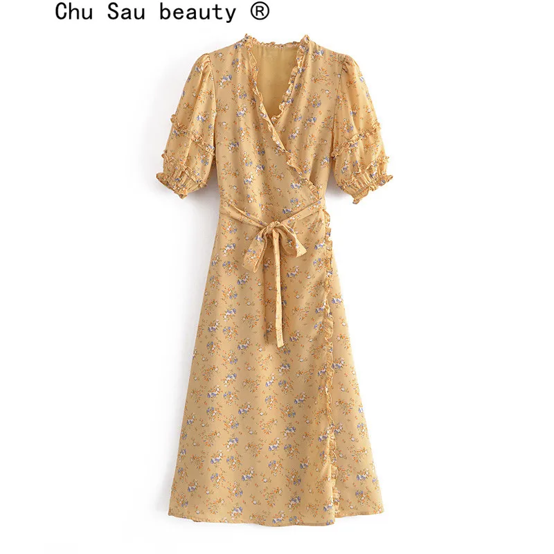 

Женское шифоновое платье-миди с V-образным вырезом и рукавами-фонариками