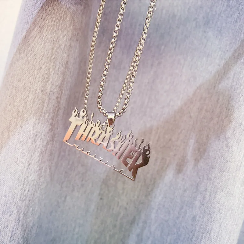

Men Statement Hip-Hop Rock Jewelry Thrasher Magazine Flame Pendant Necklace Trendy Intial Letter Necklace Collar Collier