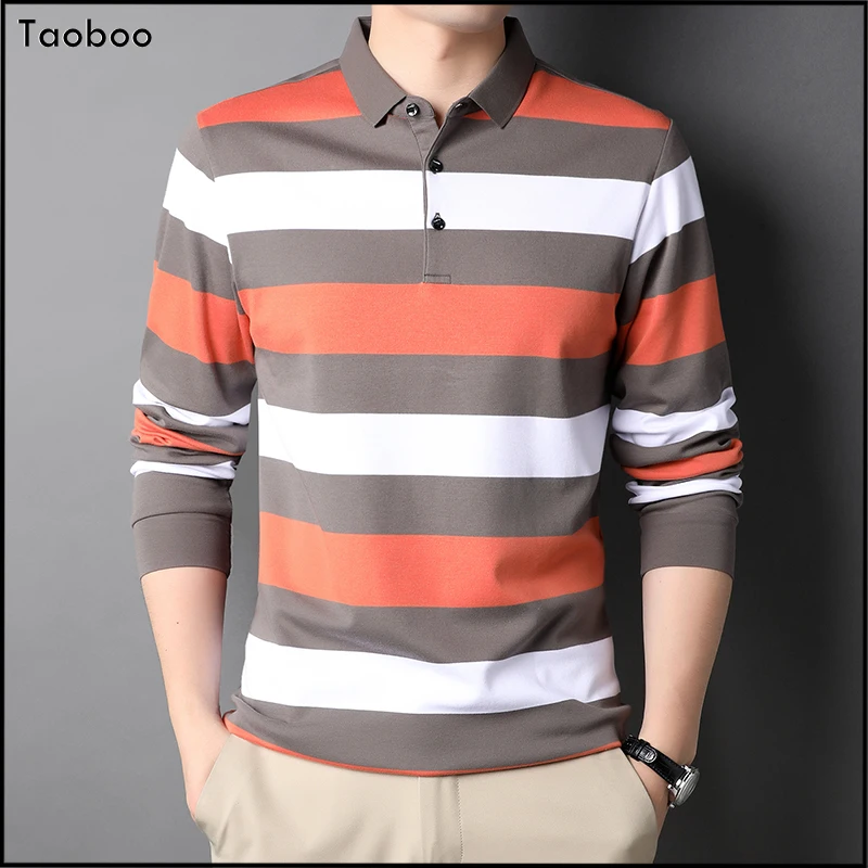 

Taoboo 2022 New Spring Fall Stripe Men t-shirt Print Casual Lapel Men's Clothing 100%Cotton Business Fashion Polo sweatshirt