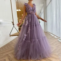 lilc floral appliques evening dresses dubai couture tulle tiered prom dresses v neck evening gown arabic sleeveless party dress