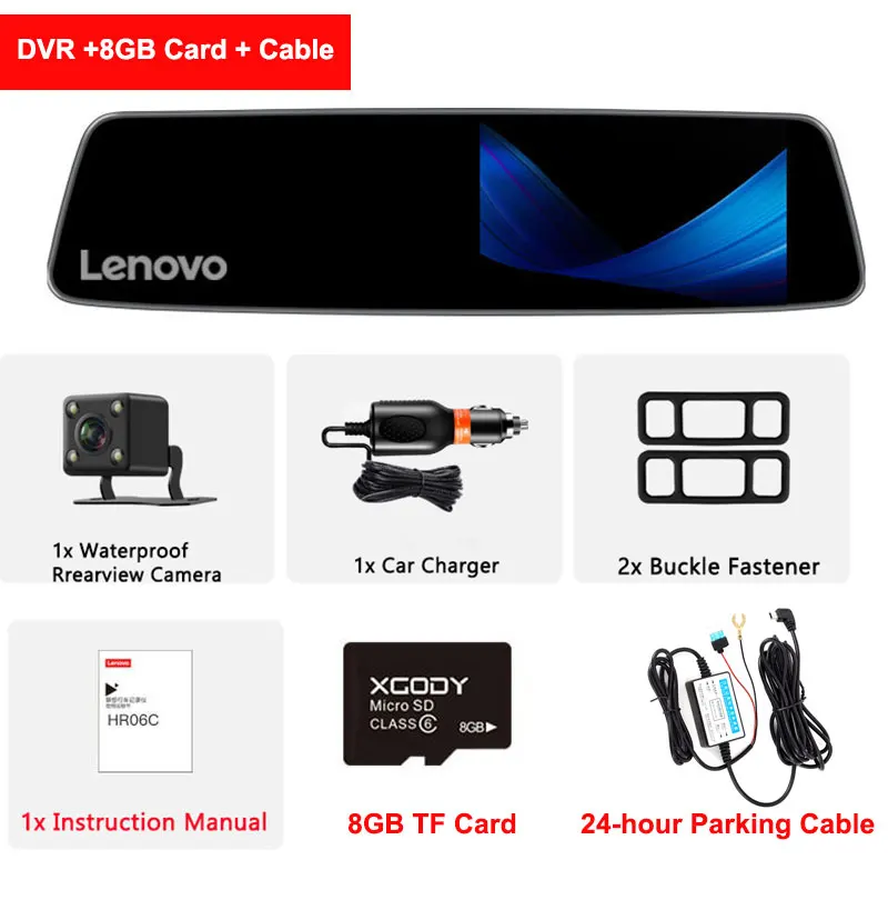 DVR Add Cable-8GB Оригинальное lenovo 4,3 ''зеркало заднего вида с 16 Гб TF камерой, видеорегистратор Full HD 1080P ips, сенсорный экран, ночное видение, Автомобильные видеорегистраторы, видеорегистраторы - Название цвета: DVR Add Cable-8GB