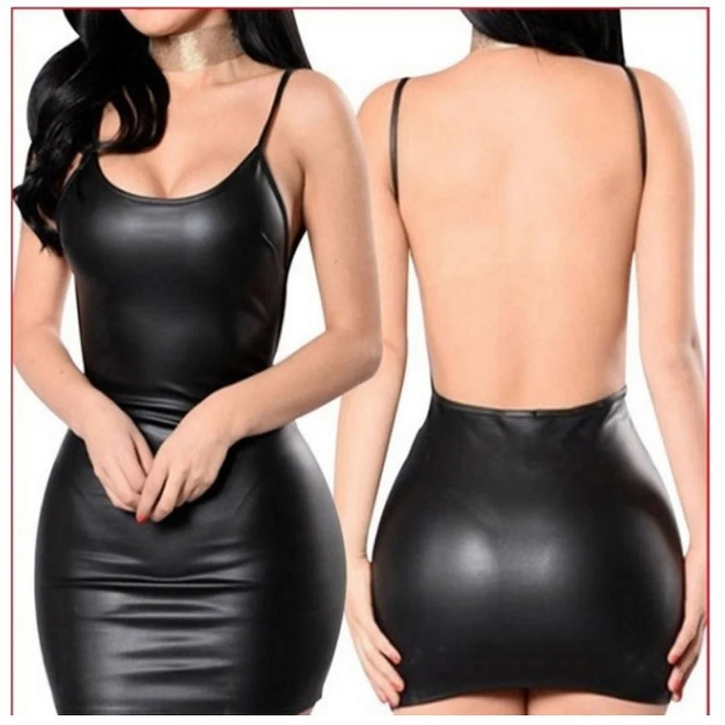 

2021 New Summer Highlight Soft Patent Leather High Elasticity Pu Leather Backless Dress Sling Hip skirt Leather Skirt