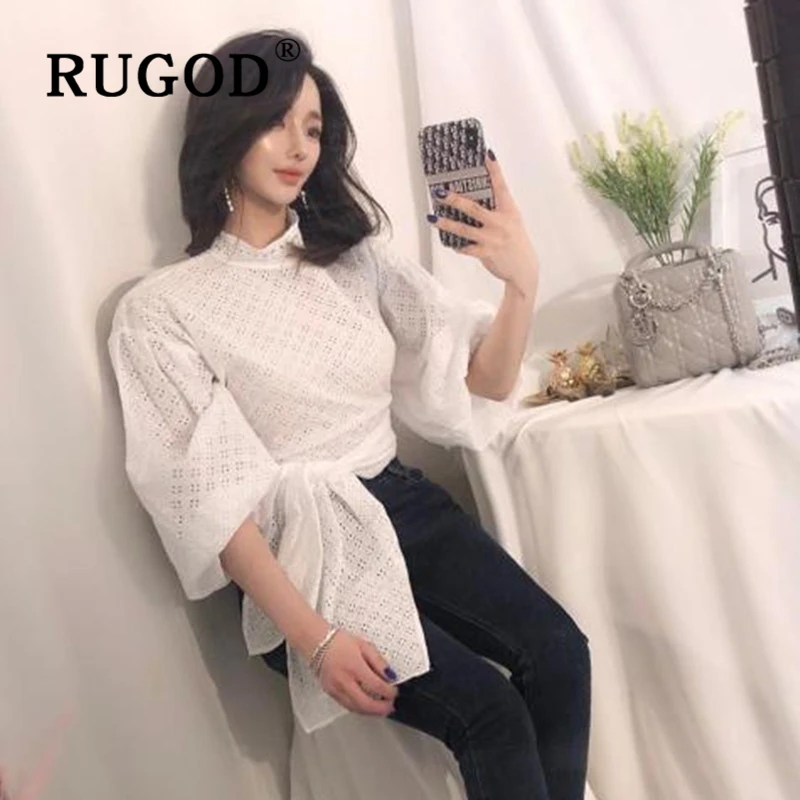 RUGOD элегантные белые открытые женские блузки корейские нерегулярные кружевные