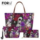 Модная Сумка-тоут FORUDESIGNS для девочек-подростков, кожаная Вместительная дорожная Сумочка на плечо с цветочным принтом черепа, дня мертвецов