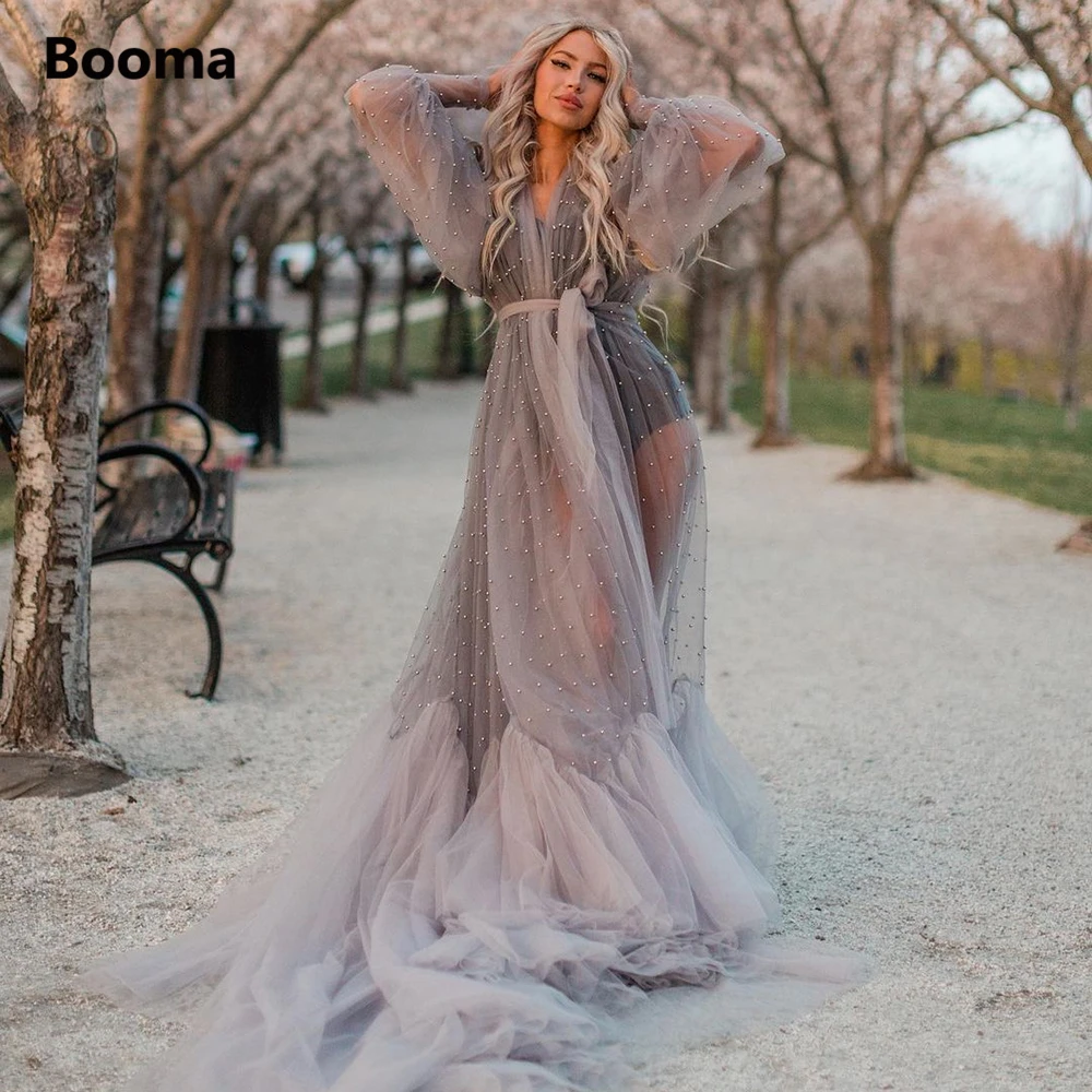 

Booma Gray Pearls Tulle Maternity Dresses Long Sleeves See-through Tiered Party Gowns Photoshoot Baby Shower Robe Plus Size