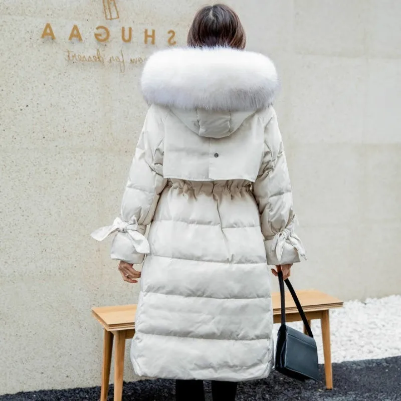 

2020 New Women Fur Collar Long Winter Coats Black Warm Jackets Thick Parka Drawstring Waist White Duck Down Winter Jacket