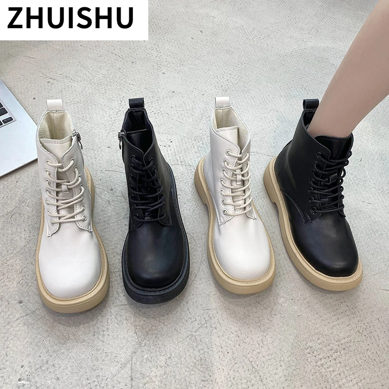 

Autumn Winter Women Ankle Boots Leather Fashion Ladies Low Square Heels Lace Up Shoes Woman Black Beige Motorcycle Boots 2021