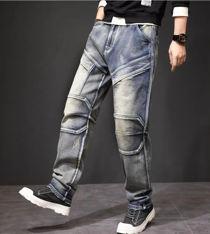 Men Jeans Distressed Big Pocket Jeans Loose Baggy Denim Pants Loose Straight-Leg Tactical Pants Man Cargo Jeans Size 29-44