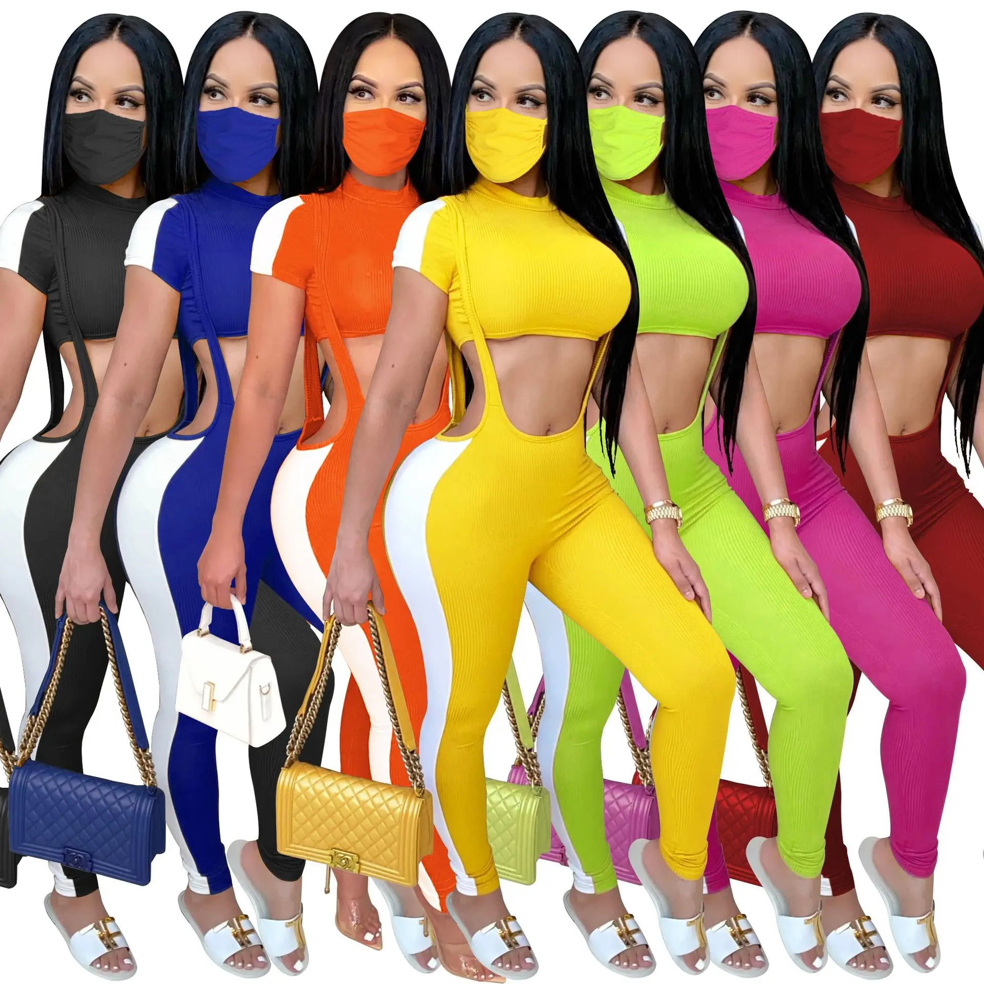 Sexy Club Women 2 Peice Set Turtleneck Crop Top + Sling Pencil Pants Stripe Fabric Summer Night Party Outfits Matching Sets |