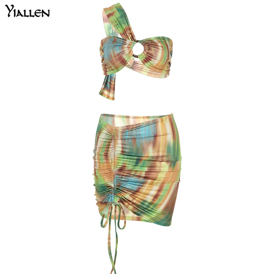 

Yiallen Summer Print Two Piece Set Women Backless Lace Up Skew Collar Sexy Top+Bandage Panelled Skirt Clubwear Matching Set Hot