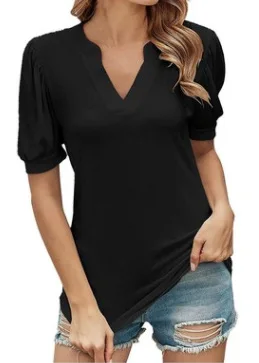 

Europe and America 2021 summer new V-neck short-sleeved T-shirt casual loose solid color top women sexy tops vintage