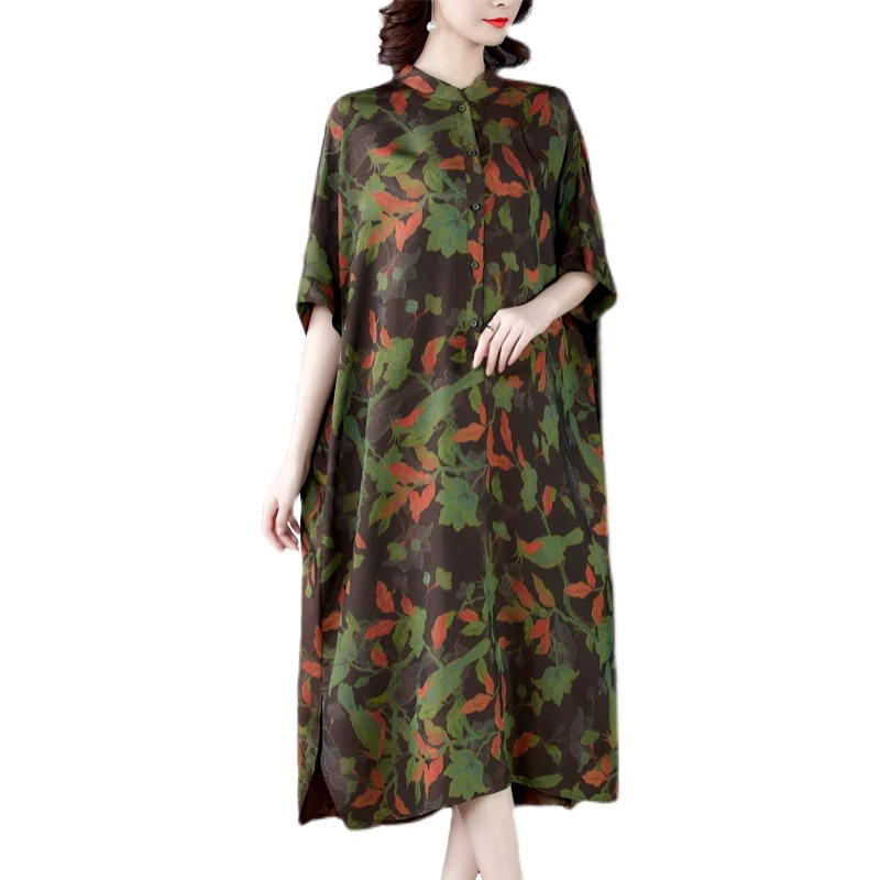 

2021 Women Loose 5XL Plus Size Mulberry Silk Shirt Dress Spring Vintage Print Casual Midi Dresses Bodycon Party Classy Vestidos