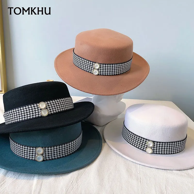 

Elegant Felt Hat Flat Wool Fedora Hats For Women Pearls Ribbon Buttons Wide Brim Boater Church Dress Winter Hat Ladies Party Cap