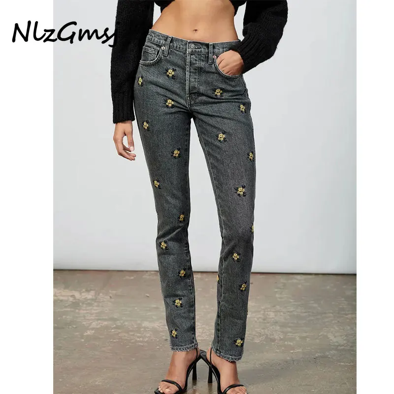 

Женские джинсы Nlzgmsj Za 2021, американские ретро светильник-голубые прямые брюки с вышивкой, женские модные джинсы с высокой талией для женщин ...