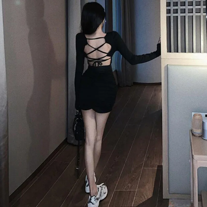 

Hot Selling Dresses Women Solid Color Square Collar Backless Pleated Sheath Dress Woman Slim Fit Women Dress