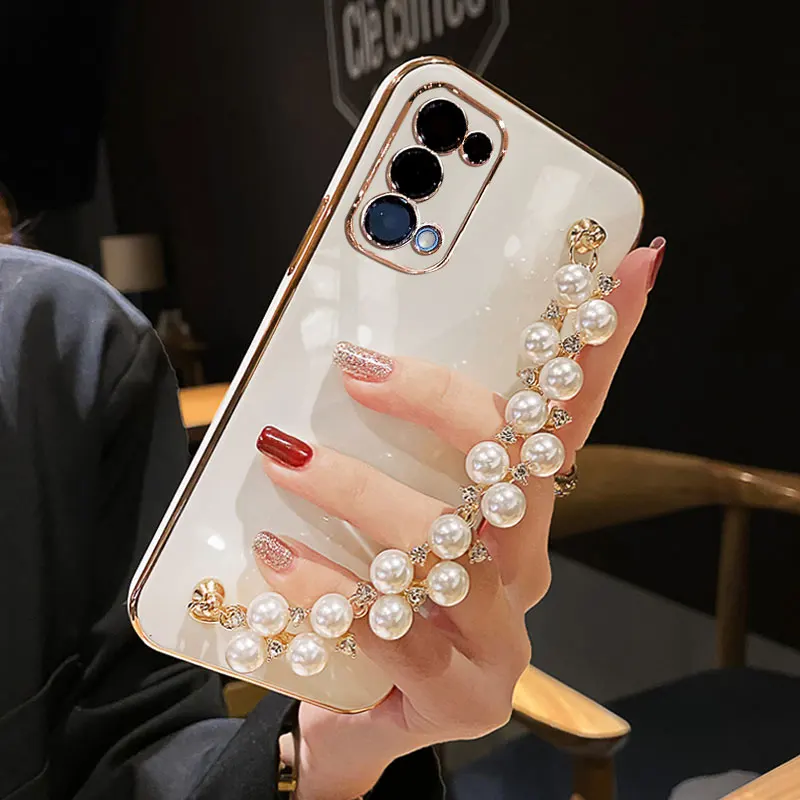 Luxury Plating Pearl Bracelet Shockproof Soft Case For OPPO Reno5 Reno6 Pro Reno4 Z A94 A95 A55 A35 A5 A9 A53 S 2020 Sexy Cover