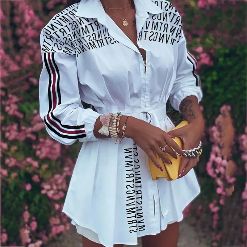 

Autumn Winter Dress blouse Women Lantern Sleeve Stitching Pleated Zipper Casual Loose Tight Waist A-line Ladies Dresses SJ6788C