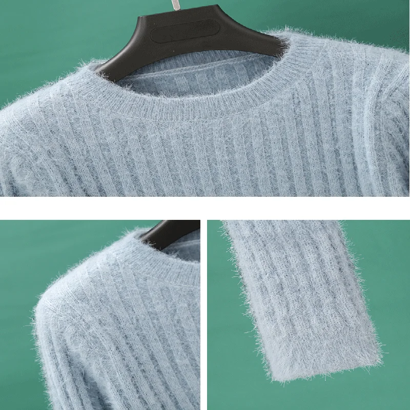 Пушистые свитера женские пуловеры укороченные топы с круглым вырезом облегающие