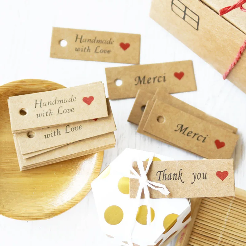 

200pcs/lot Handmade Product Hang Tag Package Tags Kraft Paper Merci Thank You Gift Labels for DIY Wedding Party Cake Decoration