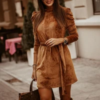 winter long puff sleeve velvet dress for women autumn casual bodycon office dress sashes female slim solid mini party vestidos
